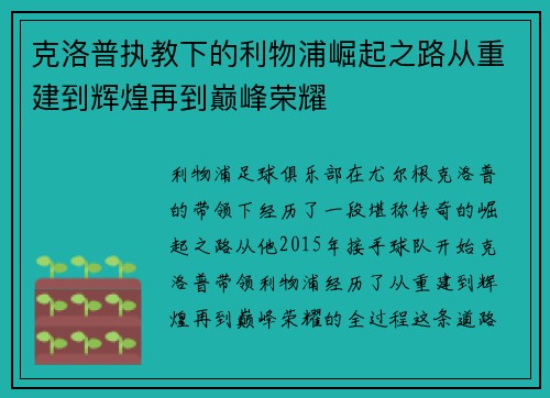 克洛普执教下的利物浦崛起之路从重建到辉煌再到巅峰荣耀